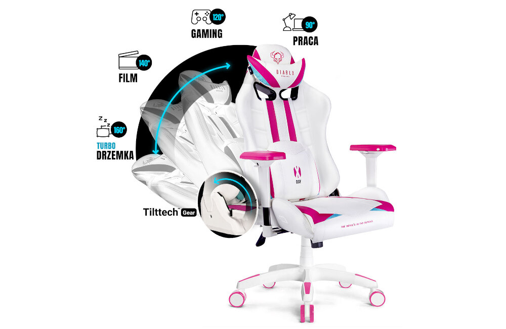 Fotel DIABLO CHAIRS X-Ray (L) Biało-różowy wysokosci mechanizmy kąt nachylenia bujanie