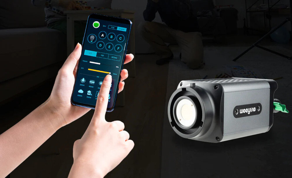 Lampa studyjna LED WEEYLITE Ninja 200 łączność Wi-Fi aplikacja sterowanie obsługa wyświetlacz pokrętło