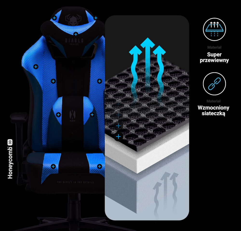 Fotel DIABLO CHAIRS X-Player 2.0 ROZMIAR ESTETYKA WYTRZYMAŁOŚĆ STOPIEŃ WYGODA KRĘGOSŁUP WSPARCIE SYSTEM REGULACJA PODŁOKIETNIKI KOŁA KAUCZUKOWE