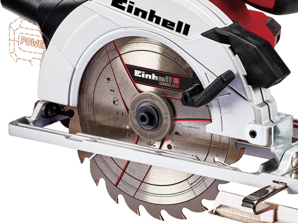 Pilarka tarczowa EINHELL TE-CS 18-150 Li Solo tarcza tnąca średnica 150 mm średnica otworu 10 mm 18 zębów waga 2,57 kg stabilna konstrukcja drgania 1,5 m/s2