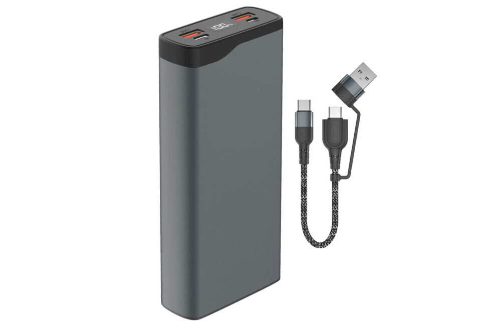 4SMARTS VoltHub Pro Zintegrowany wyświetlacz LCD poziom naładowania baterii Technologia pass-through kabel USB-C/USB-A 60 W o długości 25 cm szybkie i stabilne połączenie - powerbank z kablem na białym tle