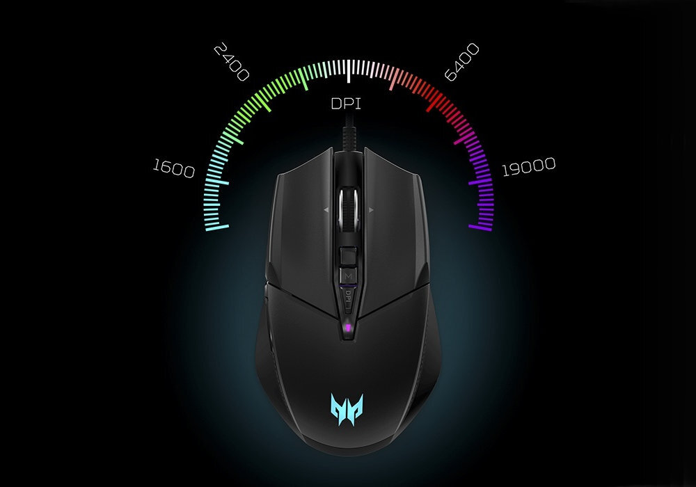ACER Predator Cestus 335 PixArt 3370 Częstotliwość próbkowania 2000 Hz maksymalne DPI 19 000 headshot w FPS-ach jednostkami w RTS-ach 5-stopniowa regulacja DPI
