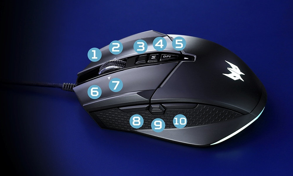 ACER Predator Cestus 335 10 programowalnym przyciskom możesz skonfigurować Tryb Burst Fire wbudowanej pamięci 5 różnych profili ustawień makr i skrótów Aplikacja QuarterMaster