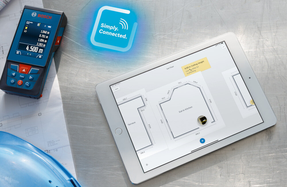 Dalmierz laserowy BOSCH GLM 100-25 C komunikacja bezprzewodowa z innymi platformami interfejs Bluetooth