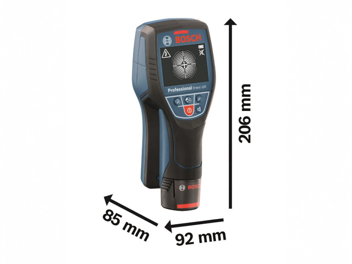 Detektor BOSCH Professional D-Tect 120 0601081308, zasilanie, akumulator, baterie, obudowa, na białym tle detektor z podaniem jego wymiarów