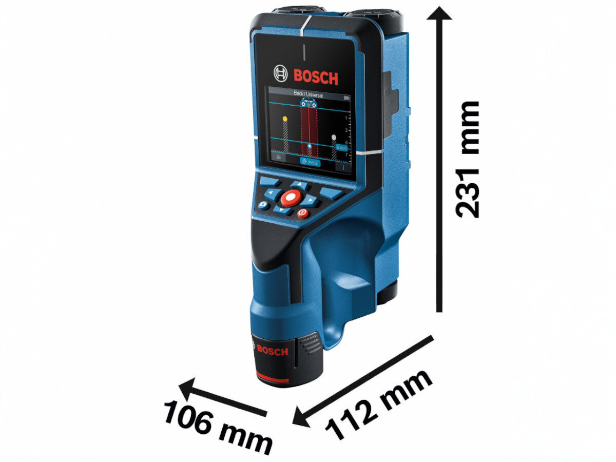 Detektor BOSCH Professional D-Tect 200 C 0601081608, zrzut, USB-C, pamięć, raport, Wymiary detektora Bosch D-Tect 200 C: 231 mm x 106 mm x 112 mm.