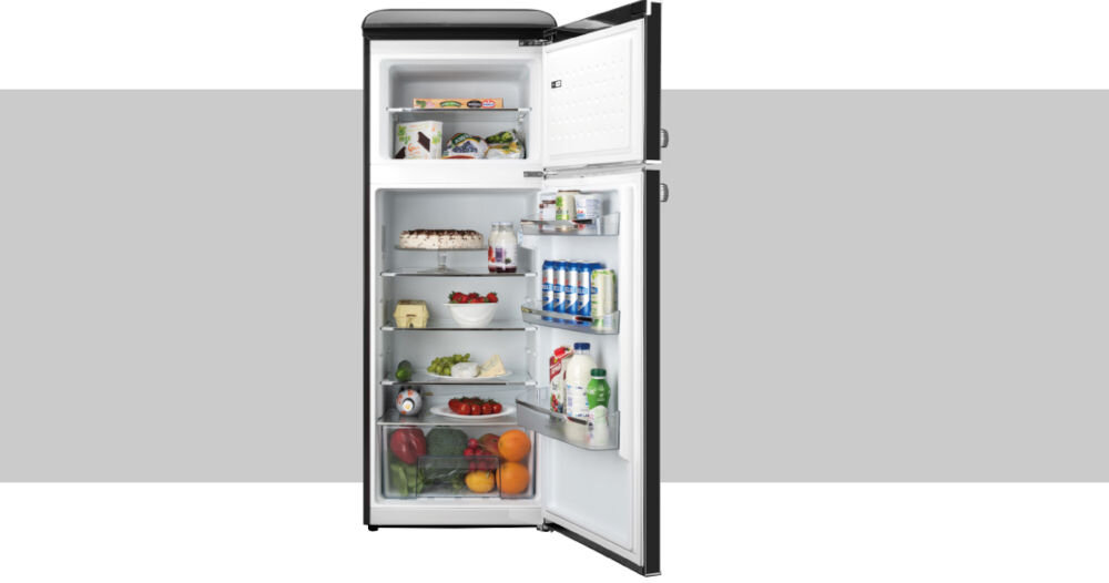 Lodówka ETA Storio 253890020E Retro 148.2cm Czarna system chłodzenia równomierne rozprowadzenie temperatury funkcja automatycznego odszraniania ułatwienie obsługi cicha praca 44 dB komfortowe użytkowanie klasa zamrażalni **** efektywne długotrwałe mrożenie produktów