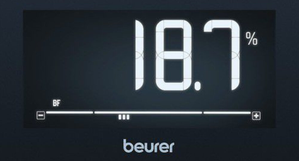 Waga łazienkowa BEURER SignatureLine BF 410 Czarny Czytelny wyświetlacz XL Podświetlany ekran XL z cyframi wysokość Intuicyjny interfejs ułatwienie obsługa przejrzysty układ danych tkanka tłuszczowa woda masa kostna wskaźnik BMI informacja