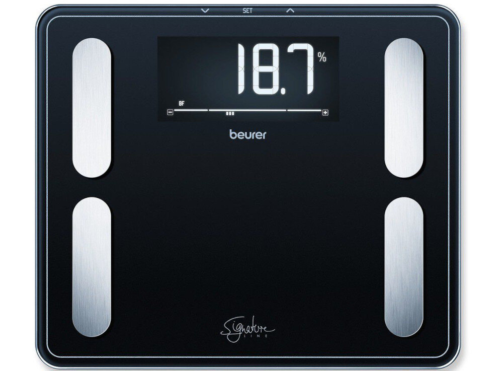 Waga łazienkowa BEURER SignatureLine BF 410 Czarny  bezpieczna konstrukcja  z 8-milimetrowego szkła Elektrody ze szczotkowanej stali szlachetnej PRECYZJA POMIAR ELEGANCKI WYGLĄD do 10 użytkowników kontrola Automatyczna identyfikacja monitorowanie zdrowia