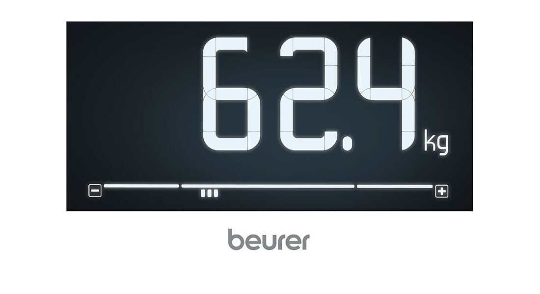 Waga łazienkowa BEURER SignatureLine BF 410 Biały Czytelny wyświetlacz XL Podświetlany ekran XL z cyframi wysokość Intuicyjny interfejs ułatwienie obsługa przejrzysty układ danych tkanka tłuszczowa woda masa kostna wskaźnik BMI informacja