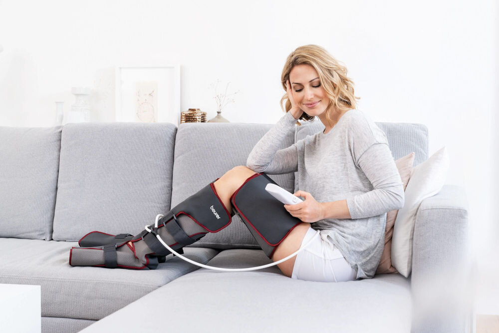 Masażer do nóg BEURER FM 150 Pro masaż uciskowy technika shiatsu usprawnia krążenie krwi przynosi ulgę zmęczonym ciężkim nogom poduszki powietrzne skuteczność terapeutyczne działanie redukcja opuchlizny poprawa elastycznośći mięśni