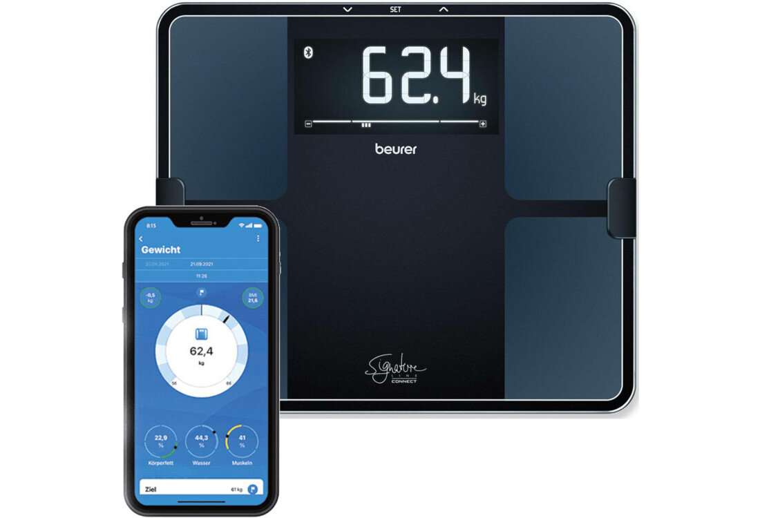 Waga łazienkowa BEURER BF 915 Signature Line zdjęcie lifestyle Wygodna aplikacja Łączność Bluetooth ze smartfonem lub tabletem Bezpłatna aplikacja Beurer HealthManager Pro