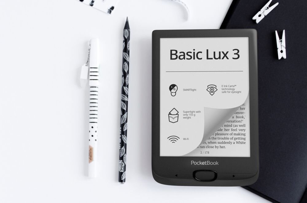 Czytnik E-Booków POCKETBOOK Basic Lux 3 ekran rozdzielczość bateria obudowa wielkość przekątna matryca pojemność książki ebooki złącza porty ładowanie łączność rozmiar wielkość