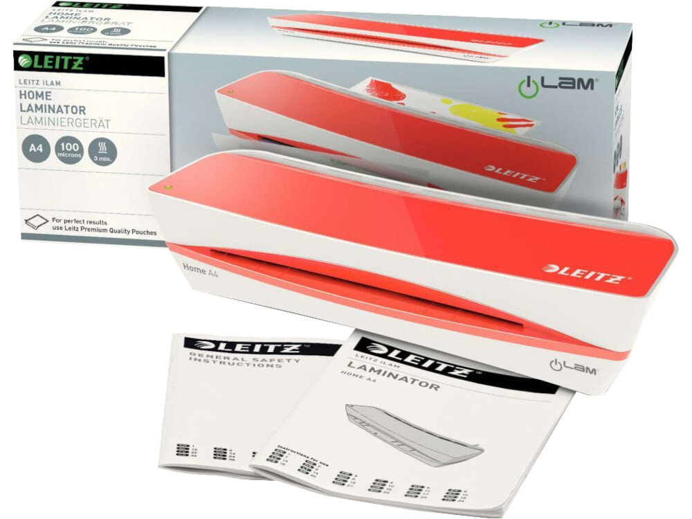 Laminator LEITZ iLAM Home A4 Czerwony opakowanie zawartość akcesoria