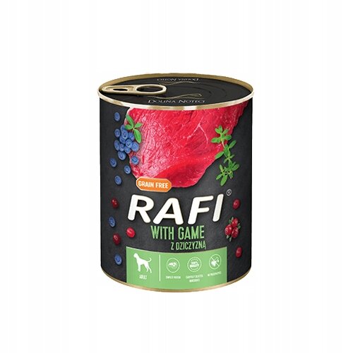 Puszka mokrej karmy dla psa marki RAFI, z etykietą przedstawiającą czerwone mięso, jagody i zioła. Na etykiecie widnieje napis \'RAFI WITH GAME Z DZICZYNĄ\' oraz ikona psa i informacje o składnikach.