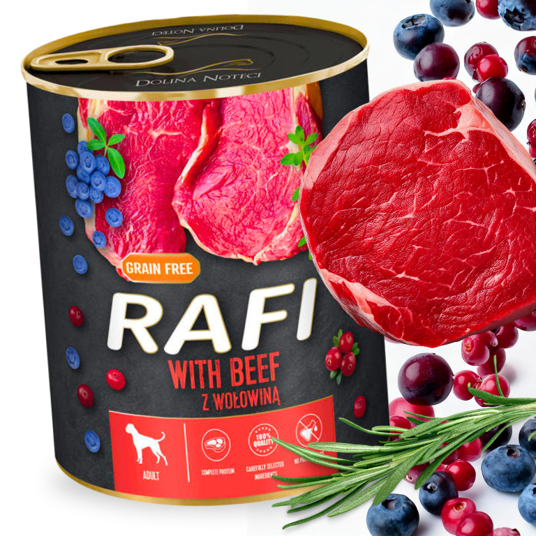 Puszka mokrej karmy dla psa RAFI Bez Zbóż z wołowiną 800g, z widocznymi kawałkami mięsa, jagodami i ziołami na etykiecie. Na puszce znajduje się napis \'Grain Free\', \'RAFI\', \'WITH BEEF\', \'Z WOŁOWINĄ\' oraz logo \'Dolina Noteci\'.