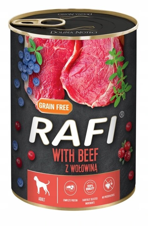 Puszka mokrej karmy dla psa z etykietą przedstawiającą kawałki wołowiny, jagody i zioła. Na etykiecie widnieje napis \'RAFI WITH BEEF Z WOŁOWINĄ\' oraz \'GRAIN FREE\'.