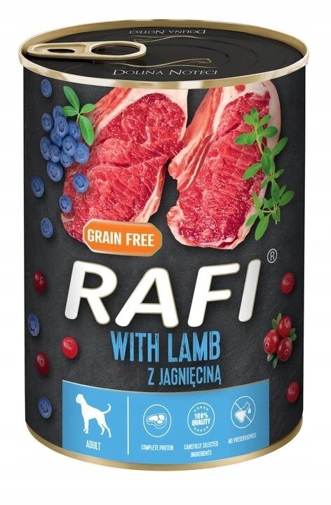 Puszka mokrej karmy dla psa marki RAFI z jagnięciną, ozdobiona grafiką mięsa, jagód i ziół. Na etykiecie widnieje napis \'Grain Free\', \'WITH LAMB\', \'Z JAGNIĘCINĄ\' oraz ikony wskazujące na pełnowartościowe białko, starannie wyselekcjonowane składniki i brak konserwantów.
