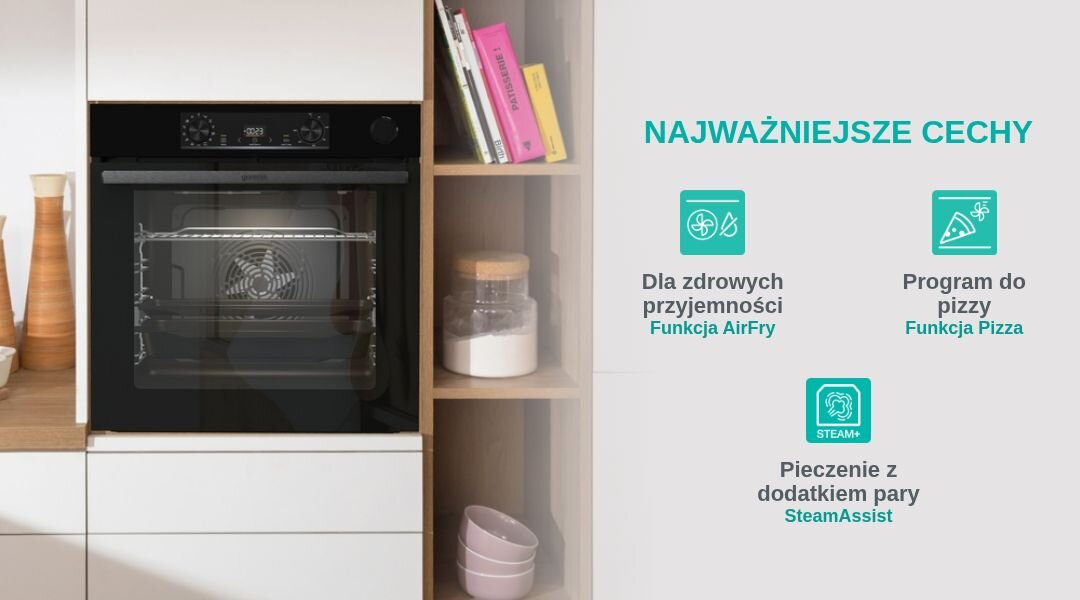 PIEKARNIK GORENJE BSA6737E15BG Piekarnik do zabudowy Gorenje przedstawiony jest w aranżacji kuchennej z wyszczególnionymi najważniejszymi funkcjami. Po prawej stronie widoczne są ikony AirFry, Pizza oraz Pieczenie z parą ExtraSteam