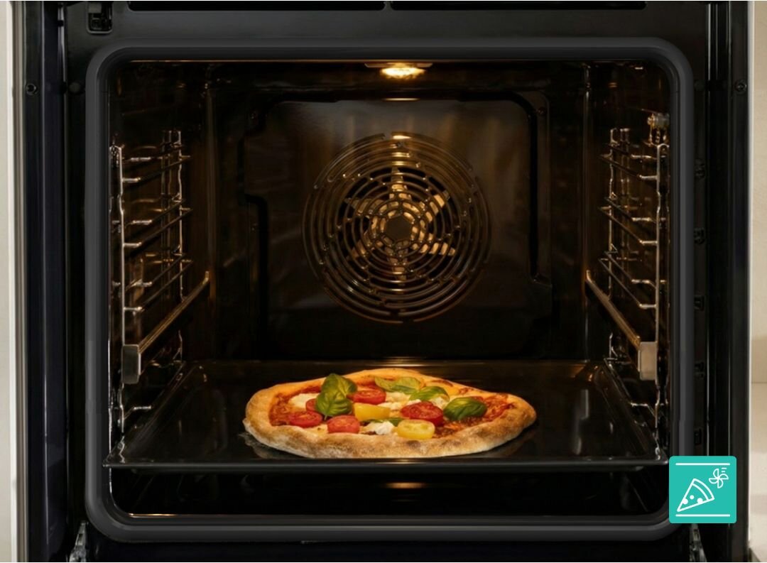 PIEKARNIK GORENJE BSA6737E15BG Pizza piecze się na środkowym poziomie w czystym wnętrzu piekarnika z widocznym wentylatorem termoobiegu. Ujęcie podkreśla równomierne wypiekanie i chrupiący spód