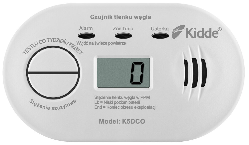 Czujnik tlenku węgla czadu KIDDE K5DCO wyswetlacz LCD stezenie CO do 999 PPM staly monitoring poprawnosci dzialania sensora wewnetrznych obwodow stanu baterii zolta dioda LED grafika alarm ostrzegawczy