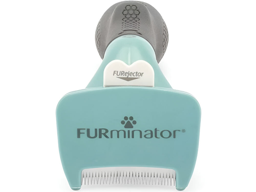 Szczotka FURMINATOR FUR151265 Czarno-zielony szczotka lezy przodem zielona głowica czarne elementy przycisk ostrze białe tło krawędzie wykonane ze stali nierdzewnej bezpieczne usunięcie luźnego podszerstka technologia Skin Guard pozwala ślizgać się po skórze kota ergonomiczny uchwyt komfort użytkowania staranne wyprofilowanie dopasowuje się do kształtu ciała zwierzaka precyzyjne czesanie w każdym miejscu