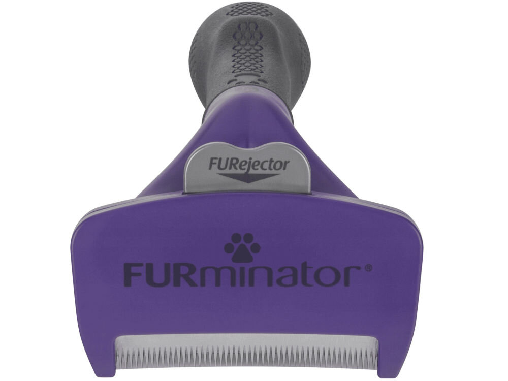 Szczotka FURMINATOR FUR151357 Czarno-fioletowy szczotka leżąca przodem fioletowa głowica czarna rączka przycisk ostrze białe tło krawędzie wykonane ze stali nierdzewnej bezpieczne usunięcie luźnego podszerstka technologia Skin Guard pozwala ślizgać się po skórze kota ergonomiczny uchwyt komfort użytkowania staranne wyprofilowanie dopasowuje się do kształtu ciała zwierzaka precyzyjne czesanie w każdym miejscu