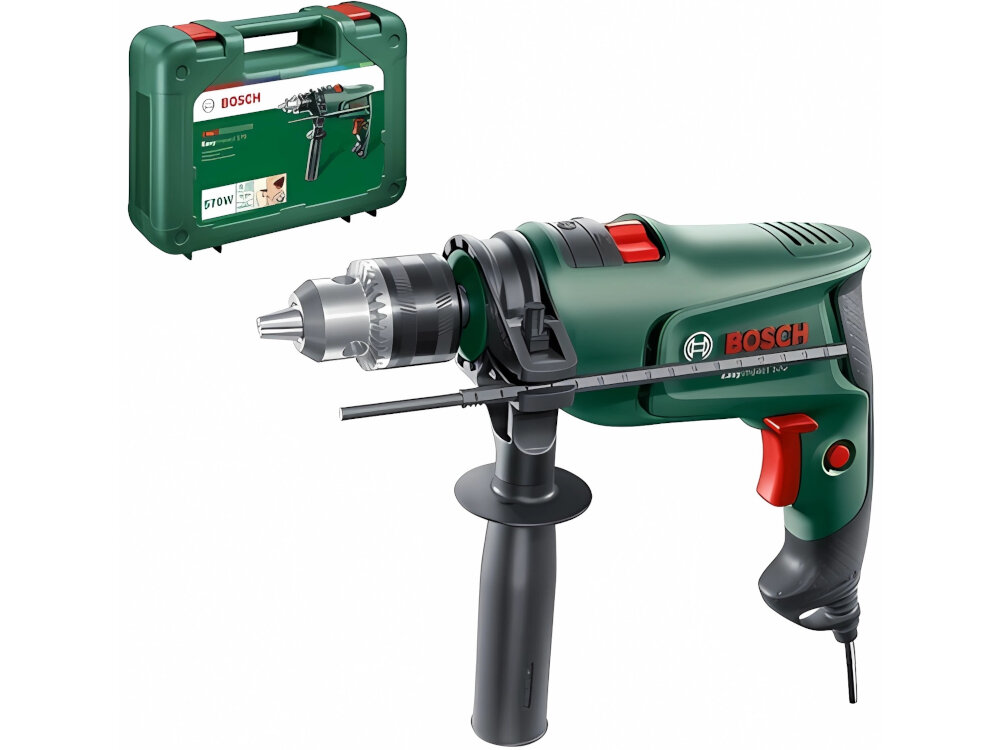 Wiertarka udarowa BOSCH EasyImpact 570 zestaw walizka ogranicznik rękojeść instrukcja karta gwarancyjna