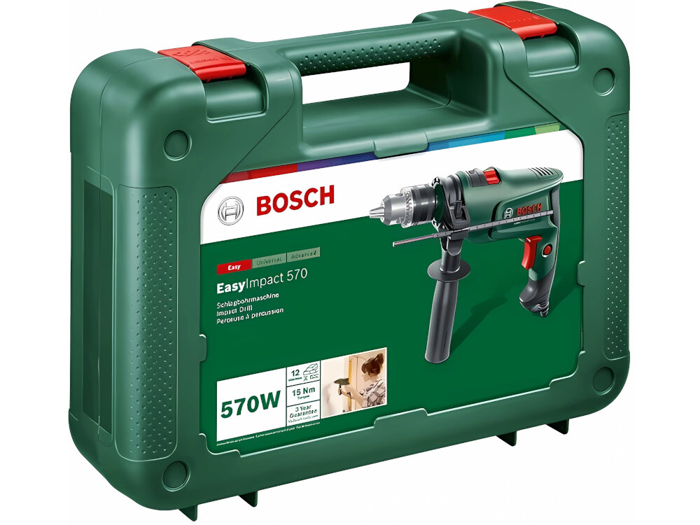 Wiertarka udarowa BOSCH EasyImpact 570 wysokiej klasy elektronarzędzie walizka transportowa z bardzo mocnego tworzywa sztucznego wytrzymałe na uszkodzenia mechaniczne