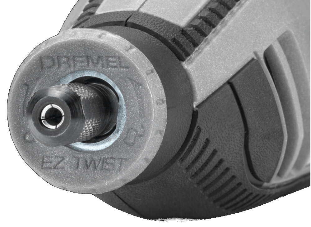 Narzędzie wielofunkcyjne DREMEL 4250-35 zbliżenie na uchwyt do mocowania osprzętu system EZ Twist szybka wymiana końcówek bez dodatkowych kluczy płynne przechodzenie od cięcia do polerowania czy grawerowania