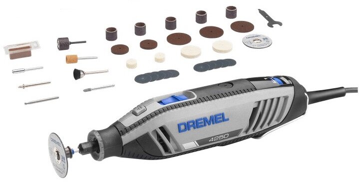 Narzędzie wielofunkcyjne DREMEL 4250-35 narzędzie i akcesoria na białym tle w zestawie 35 akcesoriów elementy EZ SpeedClic cięcie szlifowanie i polerowanie realizowanie różnych projektów
