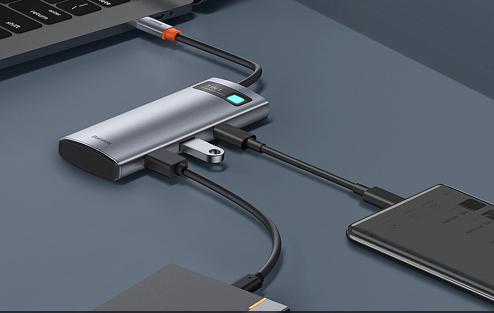 Stacja dokująca BASEUS Metal Gleam WKWG020113 możliwość kabel HDMI porty wejściowe USB-C gniazda karty SD TF