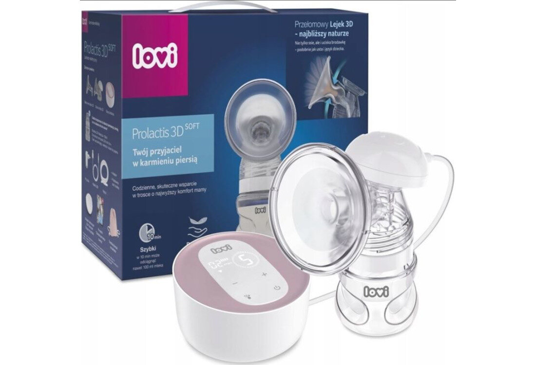 Laktator LOVI Prolactis 3D Soft 50/050 Wydajność laktacji 9 poziomów mocy w dwóch fazach stymulacja odciąganie precyzyjne dopasowanie 9 trybów pracy funkcja automatycznego wyłączania kompaktowa pojemność łatwość obsługi