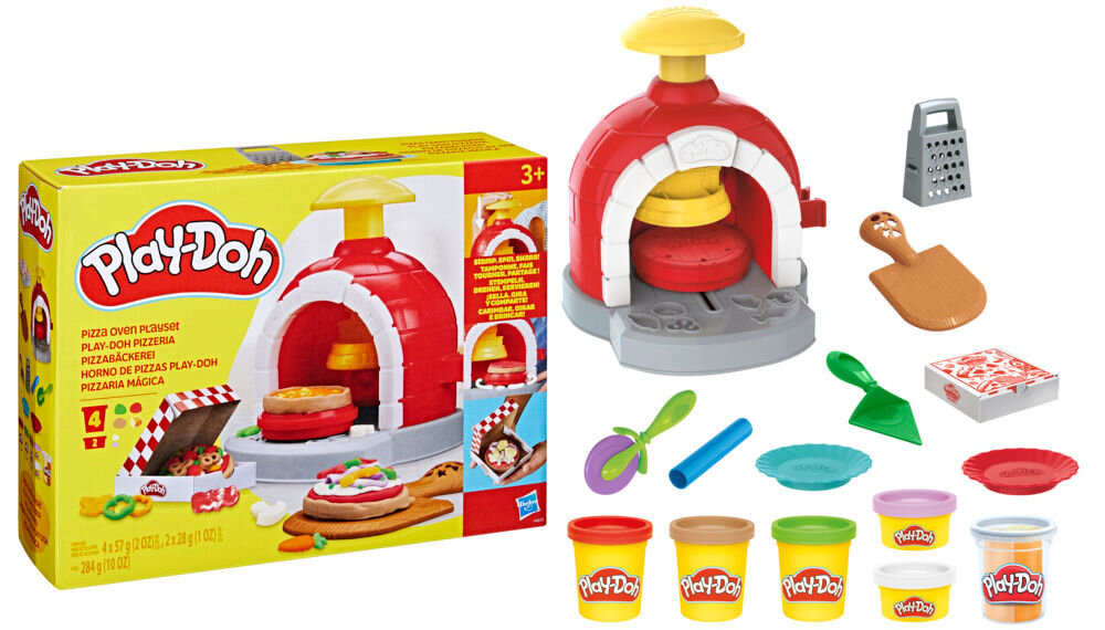 Zestaw do zabawy z ciastoliną Play-Doh, zawierający piec do pizzy, różne narzędzia kuchenne oraz pojemniki z ciastoliną w różnych kolorach. Na opakowaniu widnieje logo Play-Doh i ilustracja przedstawiająca piec oraz gotowe pizze z ciastoliny.