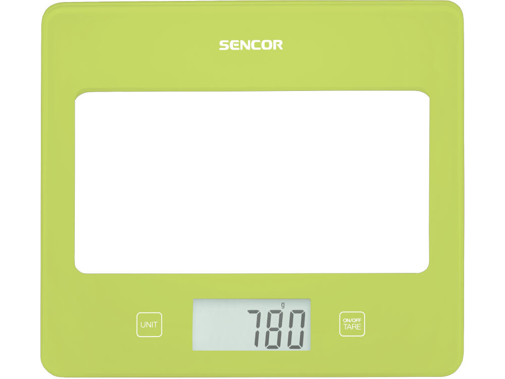 SENCOR SKS 5031 GR Zielony waga kolor zielony białe tło przezroczysty środek wyświetlacz przyciski system pomiarowy cztery precyzyjne czujniki nacisku dokładność do 1 g maksymalne obciążenie wynosi 5 kg do ważenia niewielkich ilości przypraw i większych składników wybór jednostek pomiaru gramy lub mililitry funkcja tarowania doważanie składników możliwość ważenia w seriach