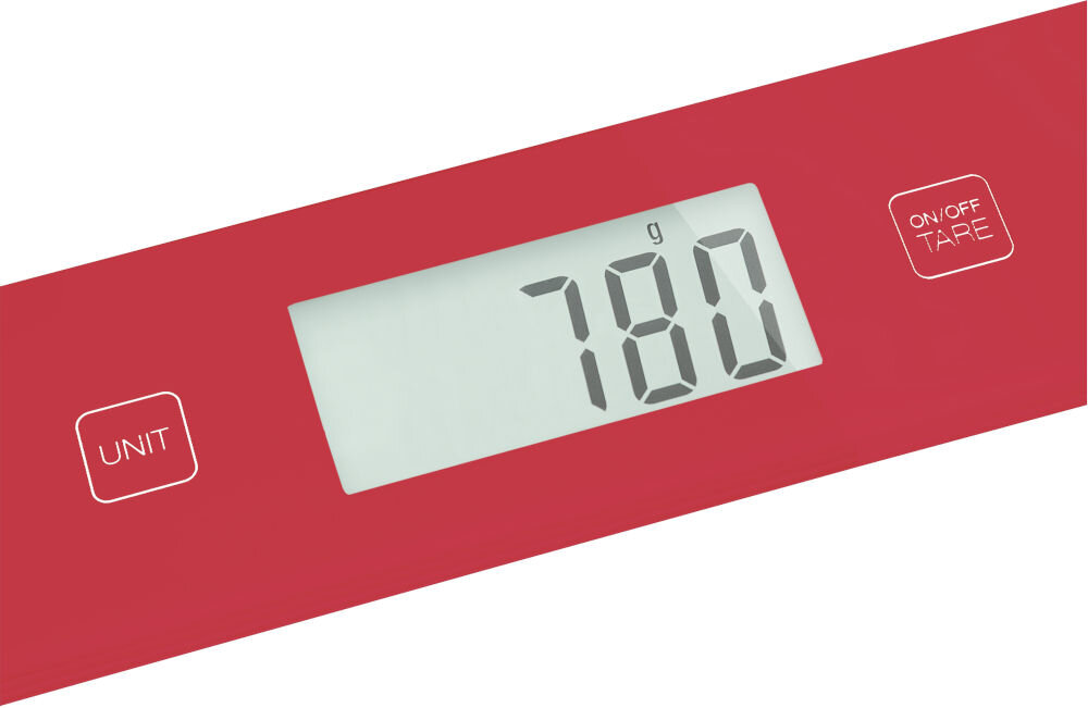 Waga kuchenna SENCOR SKS 5034RD Czerwony wyświetlacz czerwona waga liczby białe tło wyświetlacz LCD 55 x 25 mm dobra czytelność wyników Sterowanie dotykowe funkcja automatycznego wyłączania po 60 sekundach bezczynności dołączona bateria litowa CR 2032 sygnalizacja niskiego poziomu baterii i przeciążenia pełna kontrola nad procesem ważenia