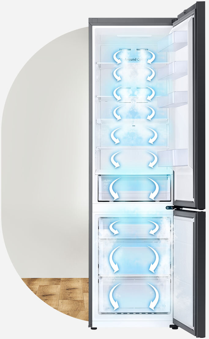 Na zdjęcie wnętrza lodówki Samsung BESPOKE nałożono graficzne przedstawienie obiegu zimnego powietrza we wnętrzu chłodziarko-zamrażarki