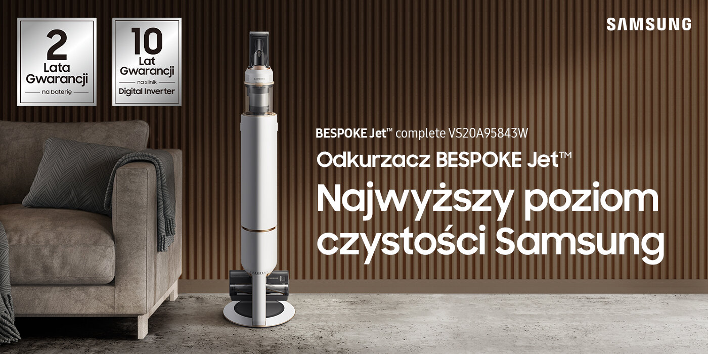 Odkurzacz Samsung VS20A95973W w minimalistycznym współczesnym wnętrzu Wszechstronny odkurzacz Samsung VS20A95843W został pokazany na zdjęciu w minimalistycznym współczesnym wnętrzu