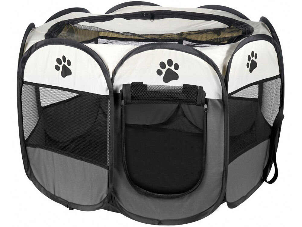 Kojec uniwersalny MUFART 15077 z otwartym wejściem na zamek i siateczkowymi oknami zapewniającymi wentylację. Składany kojec dla zwierząt, widziany z przodu. Jest w kolorach szarym, białym i czarnym. Ma zamykane na zamek błyskawiczny wejście, siatkowe okna i jest ozdobiony wzorem czarnych psich łap. Górna część kojca jest również zasuwana. Tło jest białe.