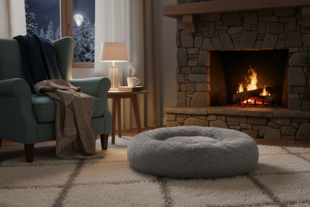 Legowisko uniwersalne MUFART 15293, puszyste okrągłe legowisko dla psa i kota. Szare, okrągłe, puszyste legowisko typu 'donut' leży na jasnym dywanie z kratką w przytulnym, ciepło oświetlonym salonie. W tle widać kominek z kamienną obudową i płonącym ogniem, fotel i okno, przez które widać nocny, zimowy krajobraz z księżycem.
