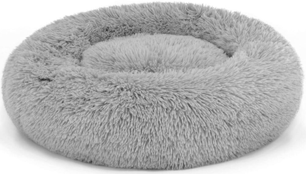 Antypoślizgowy i odporny na wilgoć spód legowiska uniwersalnego MUFART 15295. Okrągłe, puszyste legowisko typu 'donut' w kolorze jasnoszarym, wykonane z długiego, miękkiego włosa.