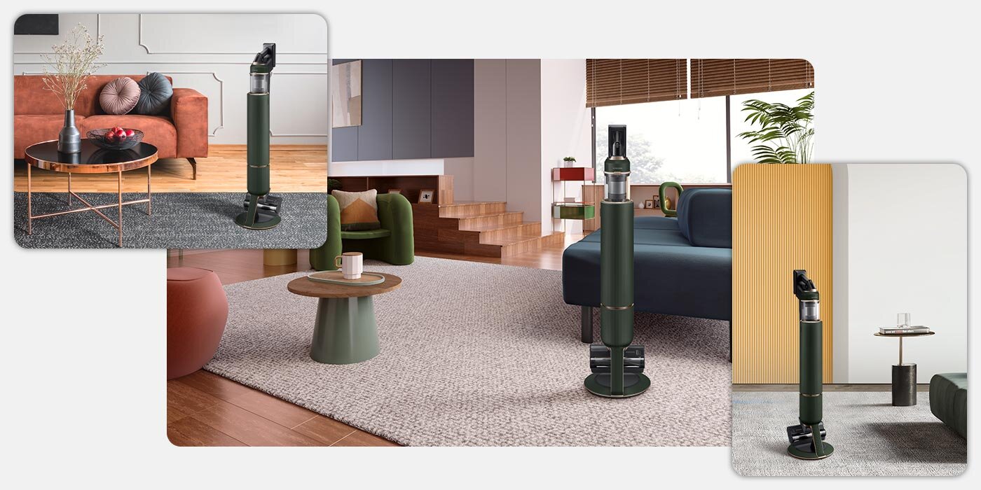 Seria fotografii prezentuje przemyślany design odkurzacza Samsung BESPOKE harmonijnie dopasowany do różnych wnętrz mieszkalnych Seria fotografii prezentuje przemyślany design odkurzacza Samsung BESPOKE harmonijnie dopasowany do różnych wnętrz mieszkalnych