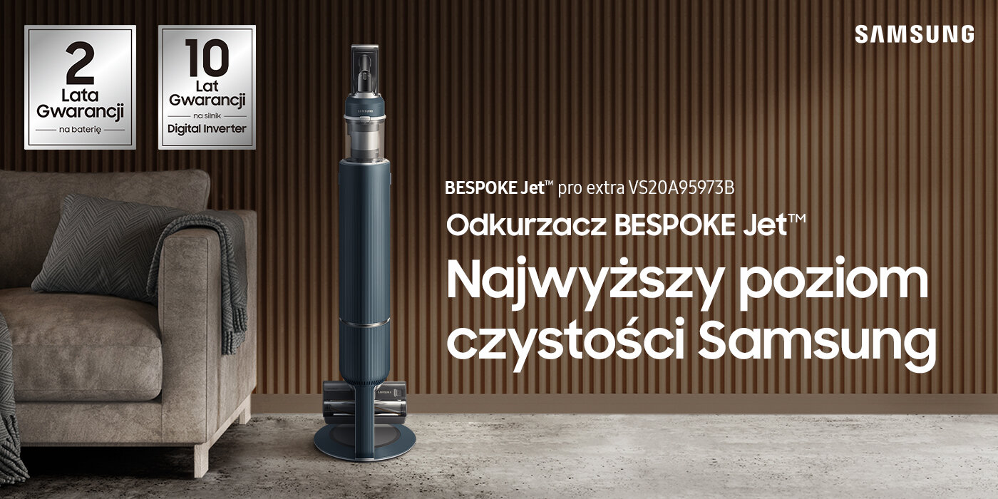 Odkurzacz Samsung VS20A95973B w minimalistycznym współczesnym wnętrzu Wszechstronny odkurzacz Samsung VS20A95973B został pokazany na zdjęciu w minimalistycznym współczesnym wnętrzu, dostępny w sieci sklepów Media Expert