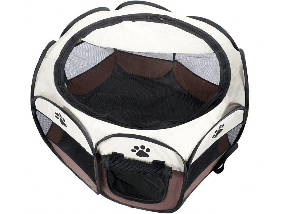 Złożony na płasko Kojec uniwersalny MUFART 15078, gotowy do transportu i przechowywania. Zdjęcie okrągłego, składanego kojca dla zwierząt z góry. Kojec w kolorach brązowym i kremowym ma otwarty górny suwak, ukazujący czarne, siatkowe wnętrze. Widać też zasuwane wejście na dole i motywy psich łap. Tło jest białe.