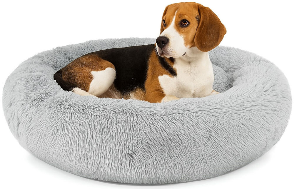 Legowisko uniwersalne MUFART 15294 z 4-centymetrowym pluszem, zapewniające poczucie bezpieczeństwa dla zwierząt do 25 kg. Pies rasy Beagle (tricolor: brązowo-czarno-biały) leży w okrągłym, puszystym legowisku z długim włosem w kolorze jasnoszarym, zwanym też legowiskiem typu 'donut'. Tło jest białe.