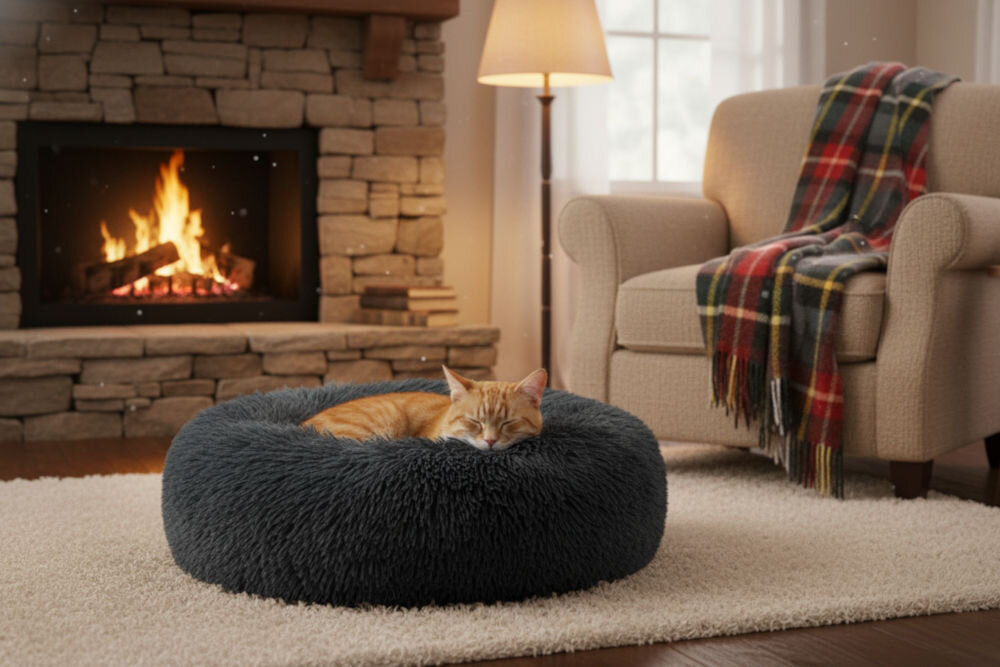 Legowisko uniwersalne MUFART 15298, puszyste okrągłe legowisko dla psa i kota. Szare, okrągłe, puszyste legowisko typu 'donut' leży na jasnym dywanie z kratką w przytulnym, ciepło oświetlonym salonie. W tle widać kominek z kamienną obudową i płonącym ogniem, fotel i okno, przez które widać nocny, zimowy krajobraz z księżycem.