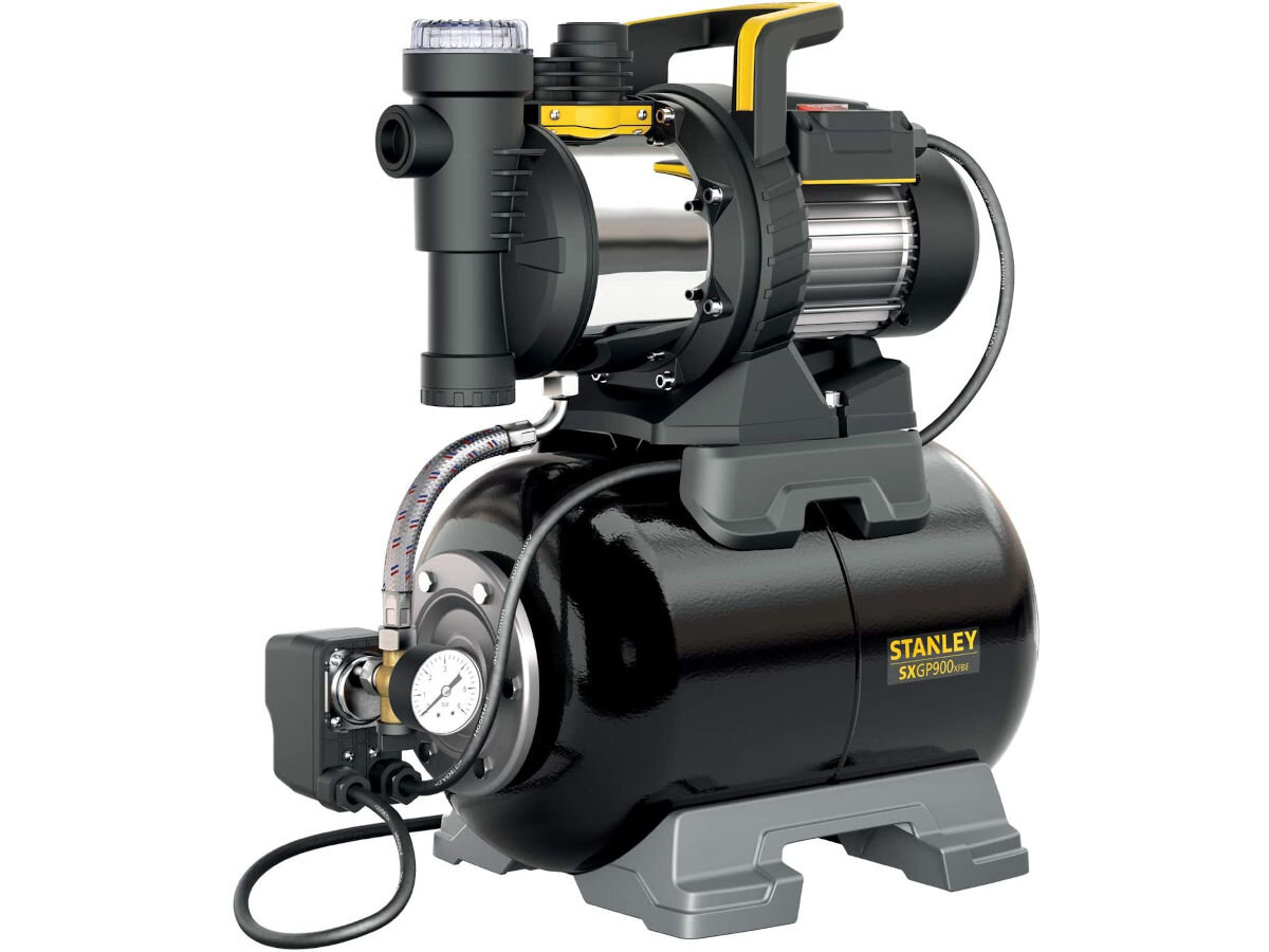 Hydrofor do wody STANLEY SXGP900XFBE 900W elektryczny, źrodło, woda, podlewanie, moc, litry, na białym tle tył hydroforu lewo skos