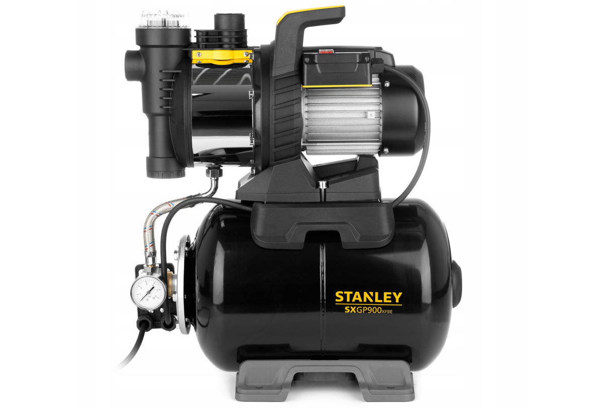 Hydrofor do wody STANLEY SXGP900XFBE 900W elektryczny, metry, bar, instalacje, głębokość, na białym tle hydrofor od lewego boku