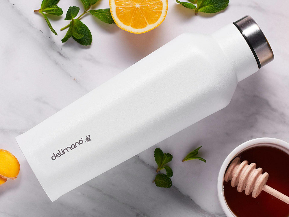 Butelka termiczna DELIMANO Hot&Cold Brava biala wykonanie wysoka jakosc technologia podwojnej prozni szeroki wlot o srednicy 4cm