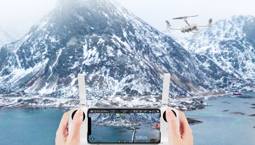 Dron FIMI X8 SE 2022 bateria lot sterowanie akrobacje czas lotu zasięg funkcje lądowanie kamera rozdzielczość filmy zdjęcia nagrywanie jakość ładowanie aplikacja przesył pilot śmigła stabilizacja fotografia waga wymiary konstrukcja obudowa korpus ramiona silnik